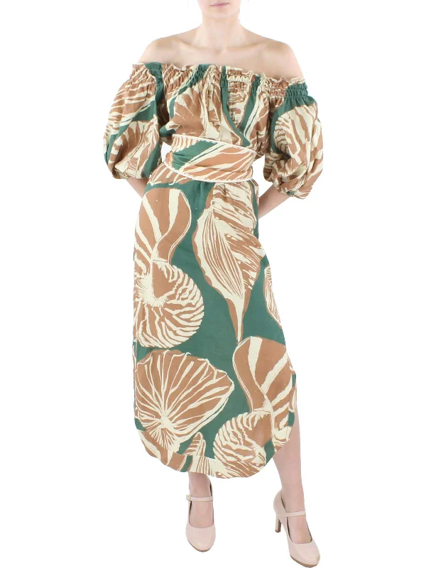 Closeout Womens Printed Off The Shoulder Midi Dress