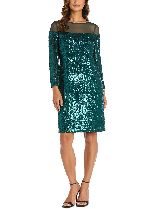 Fantastic Offers Petites Womens Sequined Illusion Trim Cocktail and Party Dress