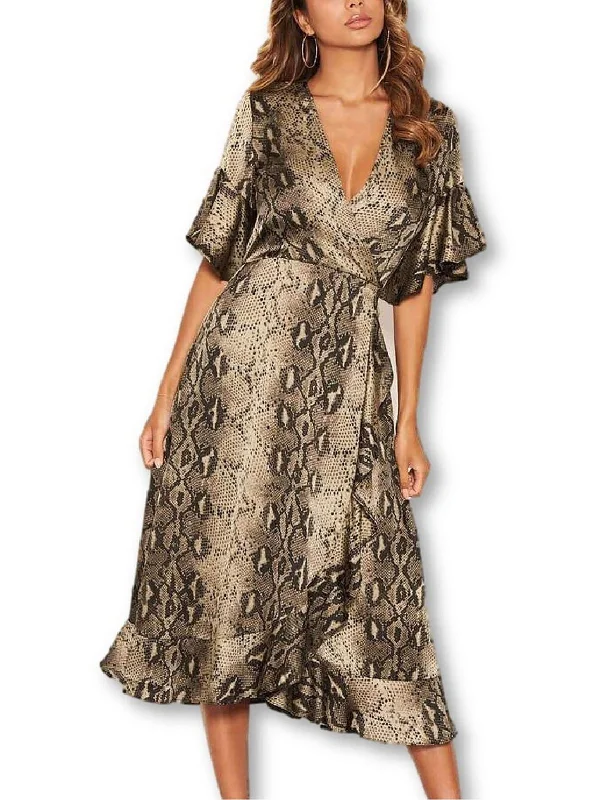 Extra Savings Womens Snake Print Faux Wrap Midi Dress