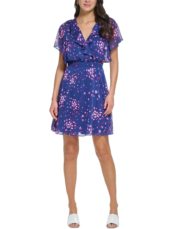 Exclusive Savings Petites Womens Semi-Formal Ruffle V-Neck Mini Dress