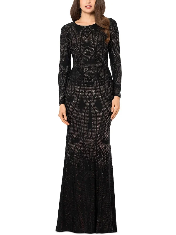 Midnight Madness Petites Womens Maxi Long Sleeve Evening Dress
