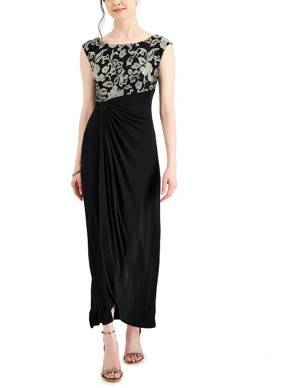 Markdowns Womens Metallic Embroidered Evening Dress