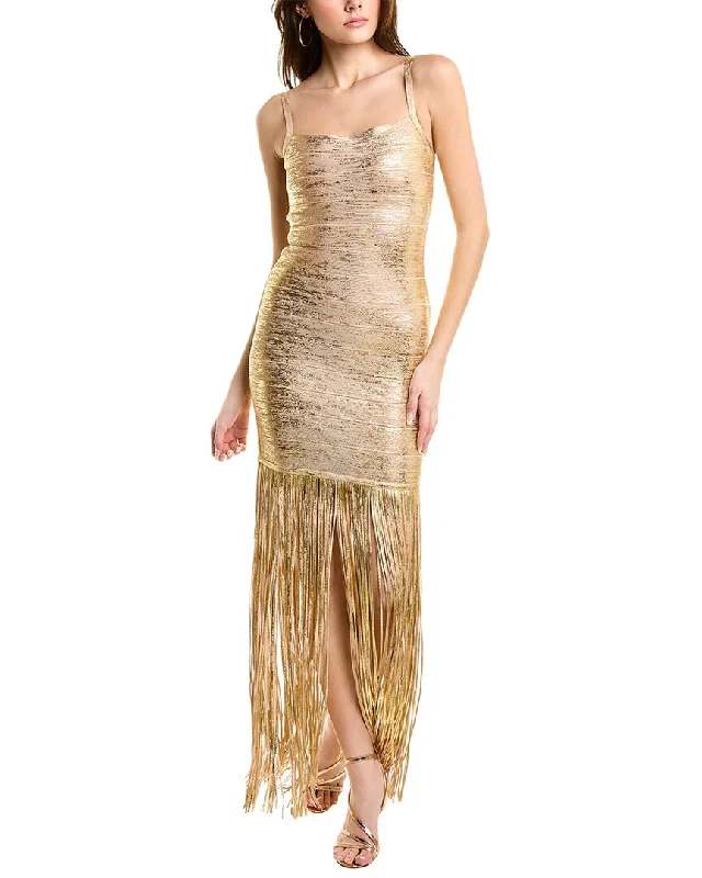 Shop and Save Herve Leger Banded Foil Fringe Gown