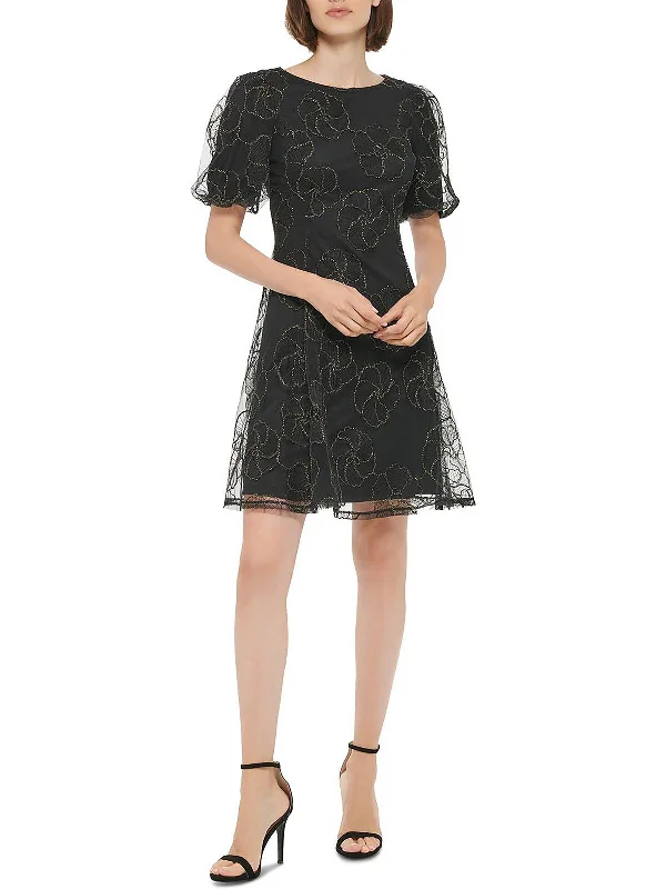 Weekend Deal Womens Embroidered Mesh Fit & Flare Dress