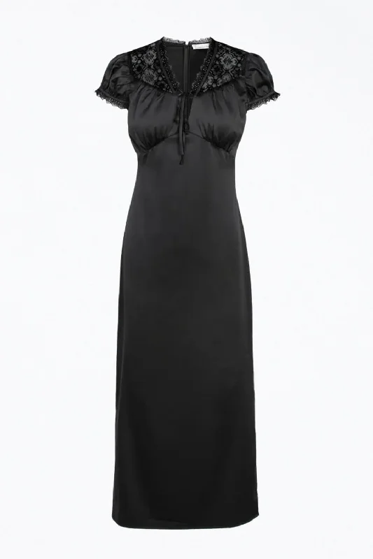Early Access Lace-Trimmed Satin Midi Dress In Black