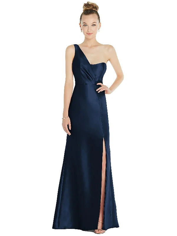 Early Access Draped One-Shoulder Satin Trumpet Gown with Front Slit