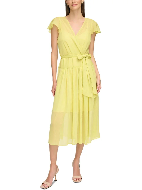 Doorbuster Deal Womens Metallic Chiffon Wrap Dress