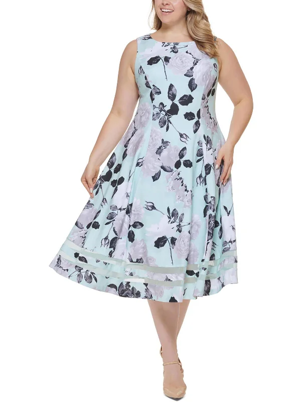 Early Access Plus Womens Floral Print Calf Midi Dress