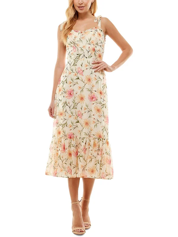 Hurry In Juniors Womens Floral Print Tie Shoulder Midi Dress
