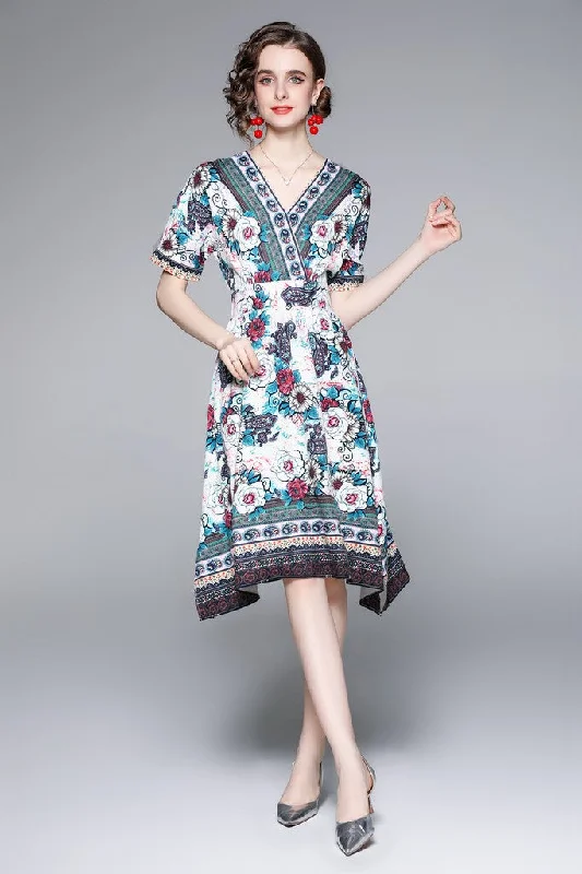 Stock Clearance Multicolor Day A-line V-neck Short Sleeve Knee Printed Dress