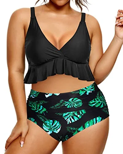 The Best Prices High Rise Flounce Bikini Top And High Waisted Swimsuit Bottom-Black Leaf