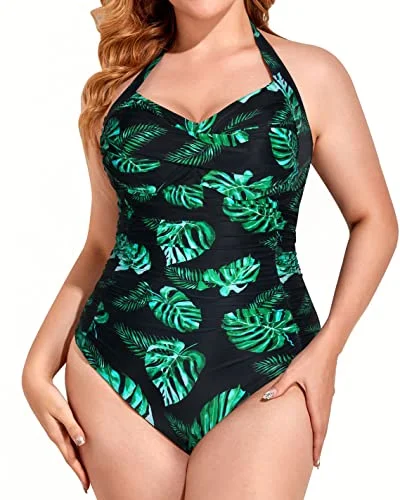 Discount Mania Women's Backless Style Plus Size One Piece Swimsuit-Black And Green Leaf